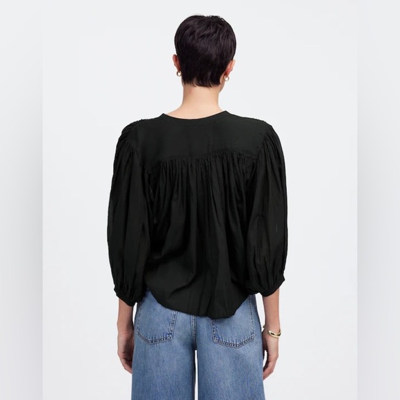 Madewell Shirred Crewneck Balloon Sleeve Button Up Peasant Blouse in Black, XXS - Picture 6 of 14